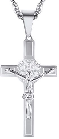 PROSTEEL Kreuz Kette Herren Edelstahl Anhänger Halskette Kruzifix Benediktuskreuz Religiöser Modeschmuck für Männer Jungen(Silber)