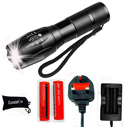 LED Flashlight with 2pcs 3000MAH Battery, 2000 Lumen Rechargeable Torch, XM T6 Tactical Flashlight with 5 Modes, Zoomable Waterproof for 18650 LED Torch Flashlight,Emergency and Outdoor Use