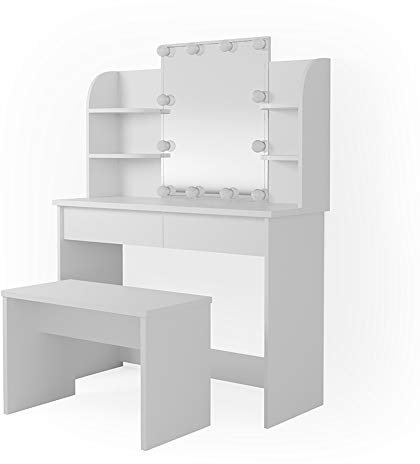 Vicco Schminktisch Charlotte, Weiß, 108 cm mit LED Beleuchtung und Bank
