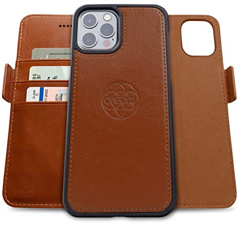 Dreem Fibonacci 2in1 Handyhülle Flipcase für iPhone 12 & 12 Pro | Magnetisches iPhone Case | TPU Etui Lederhülle Schutzhülle, RFID Schutz, Veganes Kunstleder, Geschenkbox | Karamellbraun