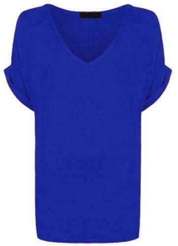 Colop Women Oversized Baggy Loose Fit Turn up Batwing Sleeve Ladies V Neck Top T shirt (Royal Blue, 24-26)