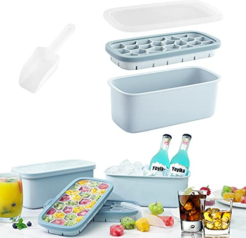 Yoyika Cubiteras para Hielo, Bandeja de Hielo de Silicona con Tapa y Pala de Hielo, Molde de Cubitos de Hielo Reutilizables para Congelarse Alimentos Cola Bebidas Whisky Vino, 26 Compartimentos(Azul)