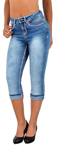 ESRA Damen Capri Hose Damen High Waist Caprihose Kurze Jeans Hose hoher Bund bis Übergröße C21