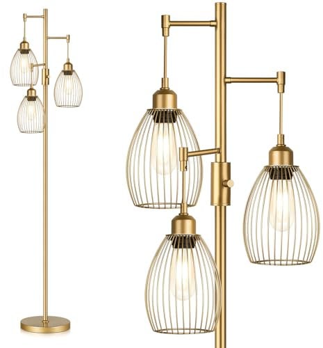 AONELAS Dimmable Industrial Floor Lamps for Living Room, Gold Tree Standing Tall Lamps with 3 Elegant Teardrop Cage Head & 800 Lumens LED Bulbs for Bedroom Office