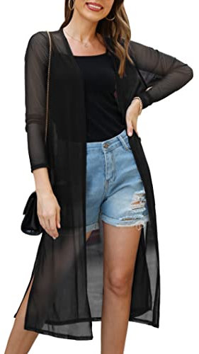 Gyabnw Bikini Cover Up Damen Chiffon Lang Badeanzug für Damen Sommer Pareos Offene Front Jacke Beachwear Strickjacke Cardigan Leicht Sommerjacke Bolero Elegant Sexy Outwear Strandkleid, Schwarz M