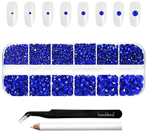 Beadsland 2500pcs Blaue Strasssteine, Flatback Gems Runde Kristall Strasssteine zum Basteln Gemischt 8 Größen SS4 ~ SS30 mit Picking Pinzette und Stift (saphirblau)