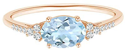 MOONEYE Horizontal gesetzter 5X7MM ovaler Aquamarin Natürlicher weißer Zirkonia-Edelstein Solitärring aus 925er Sterlingsilber mit Trio-Stein (Roségold Vermeil, 16.5)