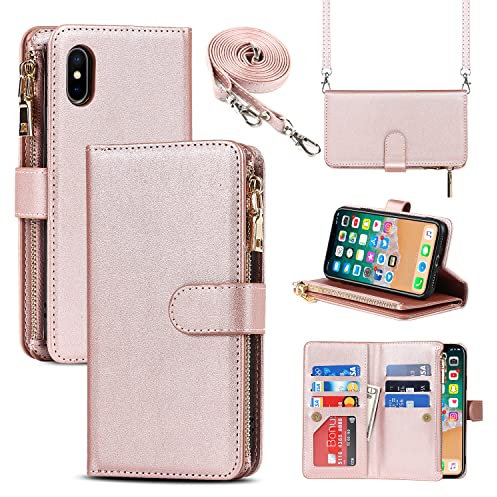 Cavor Cover Compatibile con iPhone X/XS con Cordino,Flip Portafoglio Custodia in Pelle,[9 Porta Carte][Magnetico],Custodia Libro Cover con Laccio Compatibile con iPhone X/XS - Oro Rosa