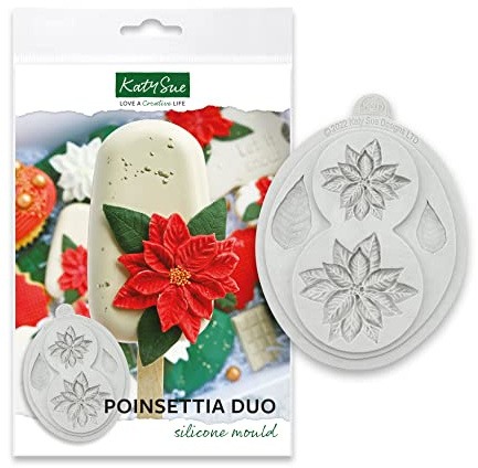 Katy Sue Poinsettia Duo Silicone Mould for Christmas Cake Decorating & Craft. Makes 2 Poinsettia Flowers 52 x 47 and 40 x 37 Millimetres & 2 Leaves for Fondant, Air Dry & Polymer Clay, UK-Made.