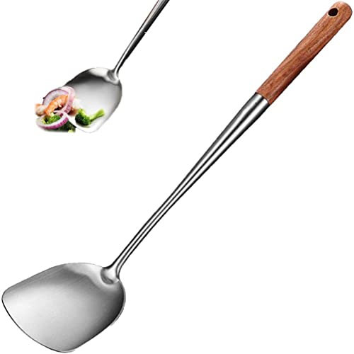 Fopytu Spatule Wok, Spatule en Acier Inoxydable À Cuillère À Friture Pelle, Spatule Non Bâton avec Longue Poignée en Bois Ustensiles De Cuisine