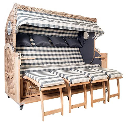 Familien Strandkorb Kampen 4-Sitzer Spezial Banana Set 47 Polyrattan PE-Geflecht Teakholz Teak