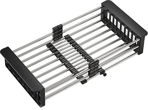 GULICA Scolapiatti nero, regolabile in acciaio inox, vassoio di scarico per piatti, verdure, frutta, 46,2 x 22,6 cm, da mettere sul lavandino o nel lavello della cucina