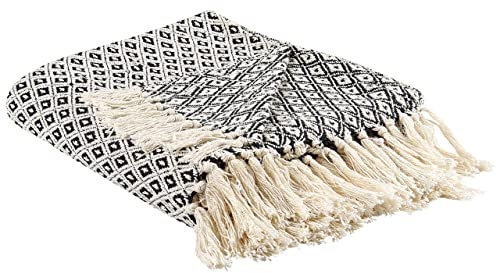 Beliani Decke Baumwolle schwarz/Hellbeige 125x150 cm mit Fransen Wohndecke Chyama