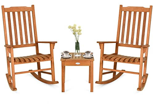 COSTWAY 3-teiliges Bistro-Set mit 2 Schaukelstühlen & Beistelltisch, Outdoor-Schaukelstuhl-Set aus Eukalyptusholz, für Veranda, Terrasse & Garten