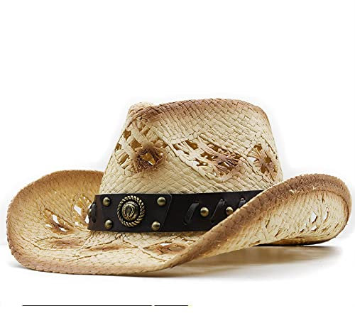 Angxiong Sonnenhut Strohhut Hut Cowboy Strohhut Damen Herren Handmade Weave Cowboyhüte Strand Sonnenhut Strohkappe Western Ausschnitt Strohhut 56-58Cm Beigekhaki