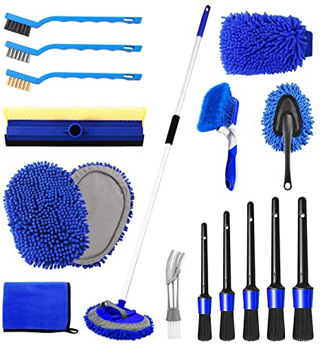 157,7 cm Autowaschbürsten-Set, Mopp-Schwamm mit langem Griff, 1 kratzfreier Chenille-Ersatzkopf, Autoreifenbürste, Auto-Detailing-Bürsten, Auto-Armaturenbrett-Staubwedel, Turm, Auto-Reinigungsset für