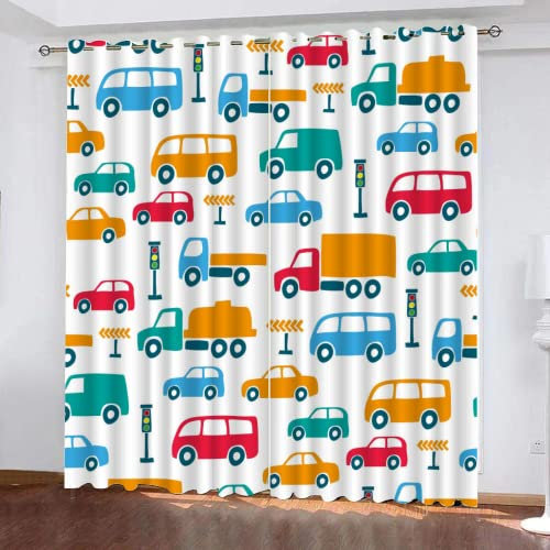 Cartoon-Auto Verdunklungsvorhänge Kinderwagen Blickdichte Gardinen 2Er Set, Thermo Vorhänge Für Schlafzimmer Wohnzimmer Kinderzimmer Küche Fensterdekoration (117 x 137cm)