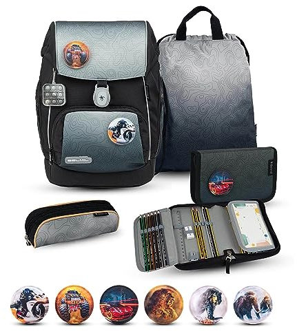 Belmil Premium Comfy Plus ergonomisches Schulranzen Set 5 - teilig, für kleine Kinder/Erstklässler - STAEDTLER, Brustgurt, Hüftgurt, Magnetverschluss (405-73/P/S) (Black Grey)