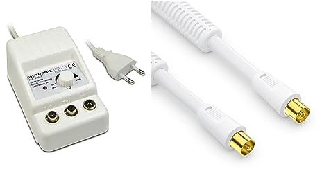 Amplificateur d'intérieur UHF à réglage de Gain - Metronic 332177 & conecto 1m TV Antenna Cable, câble coaxial - IEC Plug/IEC Socket, White