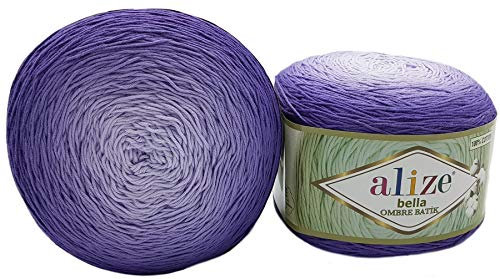 2 x 250 g Alize Bella Batik Ombre Strickwolle Farbverlauf, 500 Gramm Strickgarn 100% Baumwolle, Farbverlaufswolle (flieder 7406)