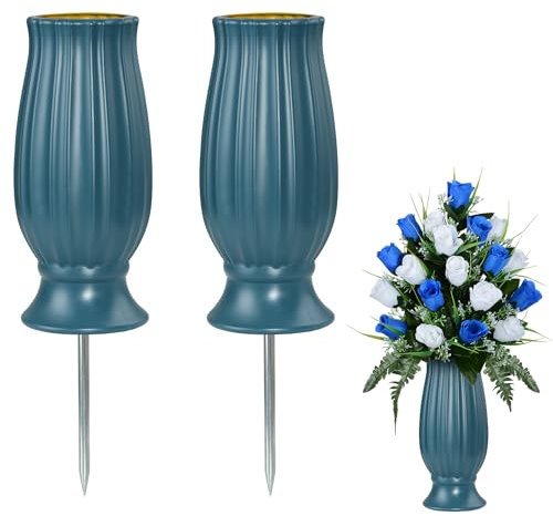 Friedhof Grabvase für frische/künstliche Blumen, Gedenkblumen Halter mit langem Spike Stake für Grabstein Grab Friedhof Dekorationen(Blau 2-teilig)
