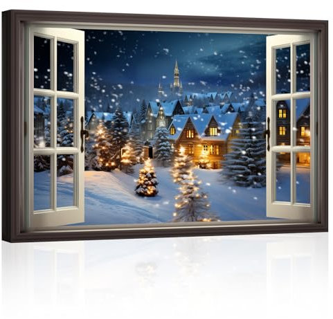 ZXHYWYM Weihnachts Leinwandbilder Winter Schnee Szene Bilddrucke Neujahr Fensteransicht Poster Kunstwerk Heimdekoration gespannt und Gerahmt (Bild-3, (30.00 x 45.00 cms))