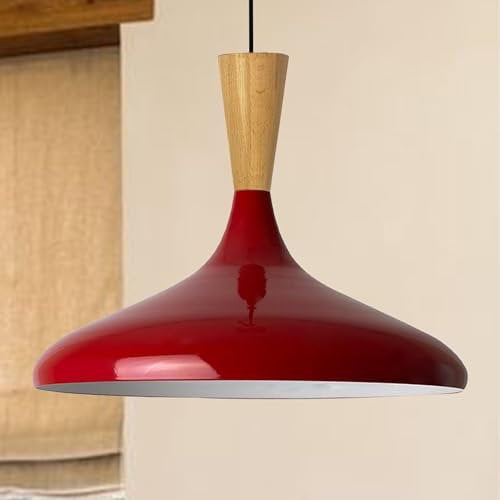 bamyum Champion Pendelleuchte aus Holz, 35 cm Hängelampe Metall E27 Moderne Esstisch Lampe, Skandinavisch Pendellampe für Schlafzimmer Wohnzimmer Küche Esstisch, Küchenlampe Hängend Rot