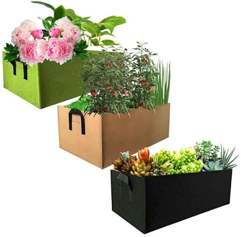 Plant Growing Bags, 3 Pack 8 Gallons Rectangular Felt Garden Grow Bag Planting Container Fabric Pots with Handles, Outdoor Indoor Garden Growing Pot for Flowers Vegetables Tomatoes Potatoes