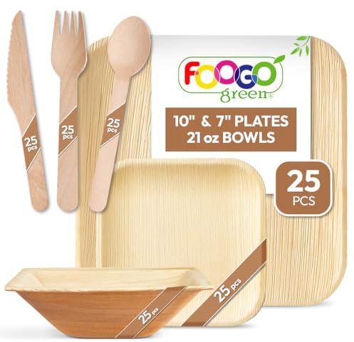 FOOGO Green 150pcs Disposable Palm Leaf Plates, Bowls and Wooden Cutlery Set, FSC® Certified, 25x Large Square, 25x Small Plates, 25x Bowls, 25x Forks, 25x Knives, 25x Spoons, Eco Friendly