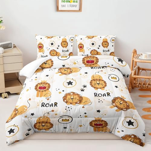 AILONEN Kinder-Bettwäsche-Set mit Löwenmotiv, 3-teilig, Kawaii-Bett in einer Tasche, niedliches Löwen-Bettwäsche-Set für Jungen und Mädchen, Cartoon-Tiermuster, Steppdecke mit 2 Kissenbezügen
