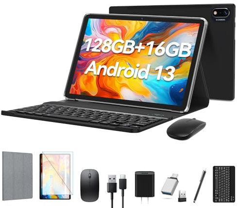 Android 13 Tablet 2025 Latest 10 inch Octa-Core Tableta, 128GB ROM+16GB RAM (8+8 Virtual)+1TB Expand, 5G WiFi Tablets with 13MP+8MP Camera, 8000 mAh Battery, 2 in 1 Tablet with Keyboard, Mouse, Case