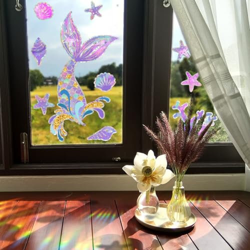 AIBIIN Meerjungfrauen-Fensteraufkleber, Motiv: Sonnenfänger, Glasaufkleber, Seestern, Muschel, Vogel, Anti-Kollision, statische Fensteraufkleber, Heimdekoration