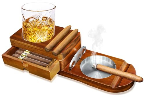 Cendrier à cigares en bois avec plateau à whisky et porte-cigares + 1 coupe-cigare, boîte à cigares avec porte-vin, pour la maison, le bureau ou le bar, anniversaire des hommes