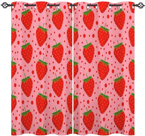 ANHOPE Kawaii Rosa Obst Erdbeer Vorhänge mit Ösen Kinder Mädchen Gardinen Blickdichte Thermo Vorhang Blackout Curtain Schlafzimmer Wohnzimmer Verdunklungsvorhänge 2er Set H 138 x B 107 cm