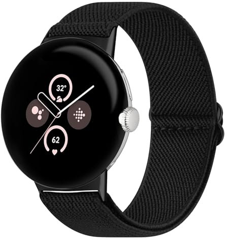 Amzpas für Google Pixel Watch Armband Google Pixel Watch 2 Armband Damen Herren,Nylon Verstellbares Elastisches Ersatzarmbänder für Google Pixel Watch 2/1 (Schwarz)