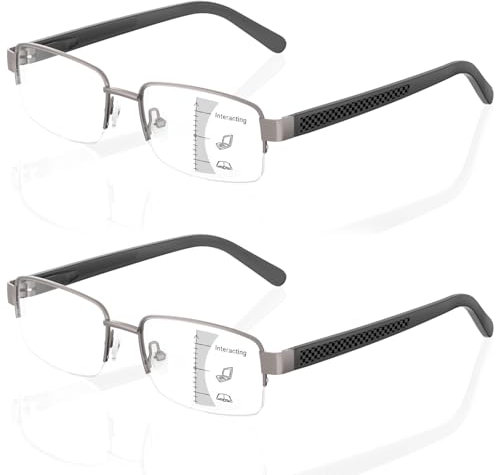 Amorays Multifokale Lesebrille gleitsichtbrille Blaulichtfilter Halbrandfassung aus Metall für klare Sicht bei Nah- Mittel- und Fernsicht - Komfortabel und langlebig (2er Pack Graubraun, 1.5, x)