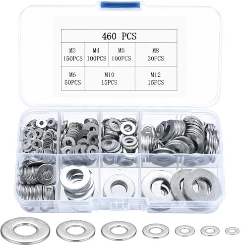 460 Pz Rondelle Piatte, Assortimento di Rondelle Alzaporta, Rondelle di Tenuta, Rondelle Metalliche, Guarnizioni Distanziali Rondelle per Viti Bulloni Barra Filettata, M3 M4 M5 M6 M8 M10 M12