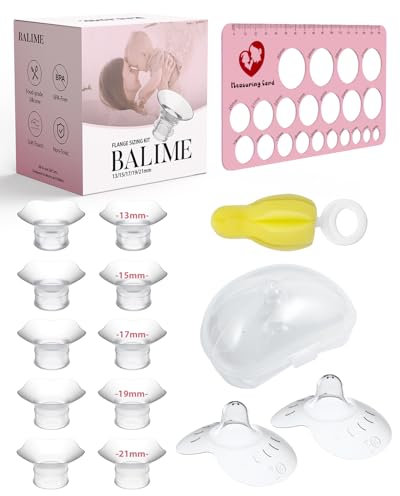 BALIME Flange Sizing Kit, 10PCS Flange Inserts 13/15/17/19/21mm for 24mm Flange of Most Breast Pump, Nipple Measurement Card,Nipple Shield, Cleaning Brush, Compatible with Momcozy Medela Spectra
