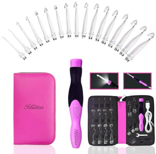 Knitiss 17 Größen beleuchtetes Häkelnadel-Set, 2,5 mm bis 14,0 mm, wiederaufladbar, leuchtende Häkelnadeln mit Etui