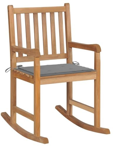 Sufrk Schaukelstuhl mit Grauem Kissen Massivholz Teak Schwingsessel Lesesessel Bequem