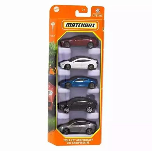 Matchbox Tesla 20th Anniversary 5er Pack, Maßstab 1:64, Modell S, Model 3, Model X, Model Y, 2020 Roadster