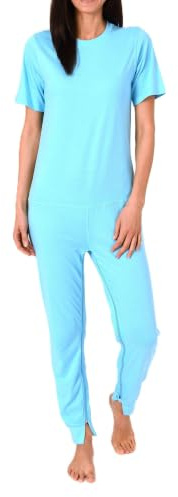 Normann Care Damen Pflegeoverall Kurzarm Schlafanzug mit Langen Bein und Reißverschluss am Bein, Farbe:türkis, Größe:XL