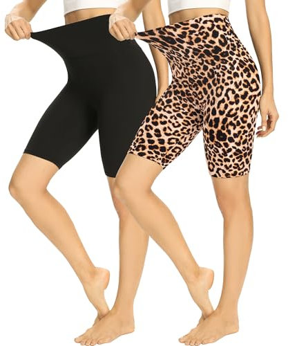 HIPOWER 2er Pack Radlerhose Damen High Waist Kurze Sport Shorts Tights Wanderhose Blickdicht Unterhosen Bauchweg Sommer Outfits Leggings Gym Yoga(Schwarz+Leopard,L-XL)