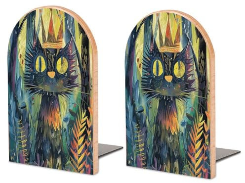 Grand serre-livres en bois pour étagères, motif chat portant une couronne, serre-livres en bois robuste avec base en métal antidérapante