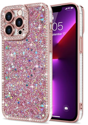 Lafunda for iPhone 13 Pro Max, Case for Womens Girls, Luxury Bling Glitter Diamond Crystal Festival Shiny Case Camera Protection Shockproof Silicone TPU Phone Cover for iPhone 13 Pro Max 6.7, Pink