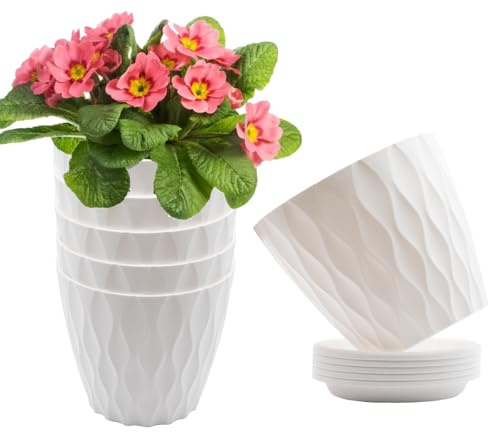 6 inch Flower Pots, 5 Pack Plant Pots with Drainage Holes and Saucers for Indoor Plants, Plastic Planters with Water Ripple for Small Garden House Plants, Nursery Pots for Succulent, White Wave