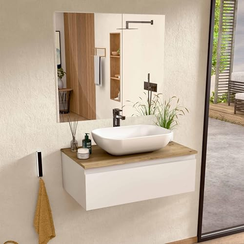 BELLOBATH Hänge-Badmöbel 100 cm Weiß/Eiche Waschbecken + Spiegel