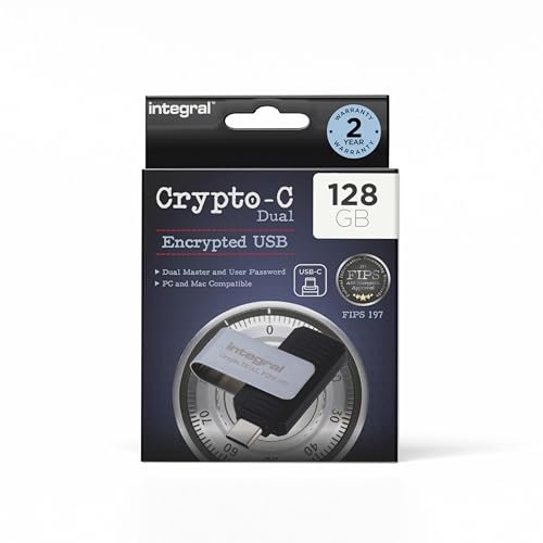 Integral 128GB Crypto-C Dual Clé USB Flash Cryptée, Chiffrement Matériel AES-XTS 256-Bit USB 3.2 avec Double Mot de Passe Sécurisé, Certifiée FIPS 197 - pour Mac, MacBook, PC, Ordinateur Portable