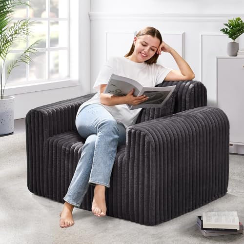 Hobestluk Einzel-Schaumsofa mit Kissen, flauschig für kleine Räume | Dunkelgrau, Standard, Kunstfell, weiche Stütze, 1 Lendenkissen, montagefrei, kompakte Größe, für Wohn-/Schlaf-/Büro-/Wohnheim