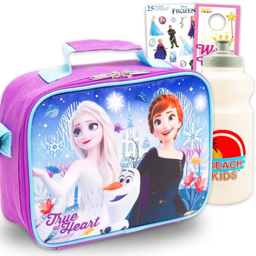 Disney Frozen Lunch Box for Girls - Bundle with Insulated Elsa and Anna Lunch Bag Plus Stickers, Water Bottle, More | Disney Frozen Lunchbox Set for Kids